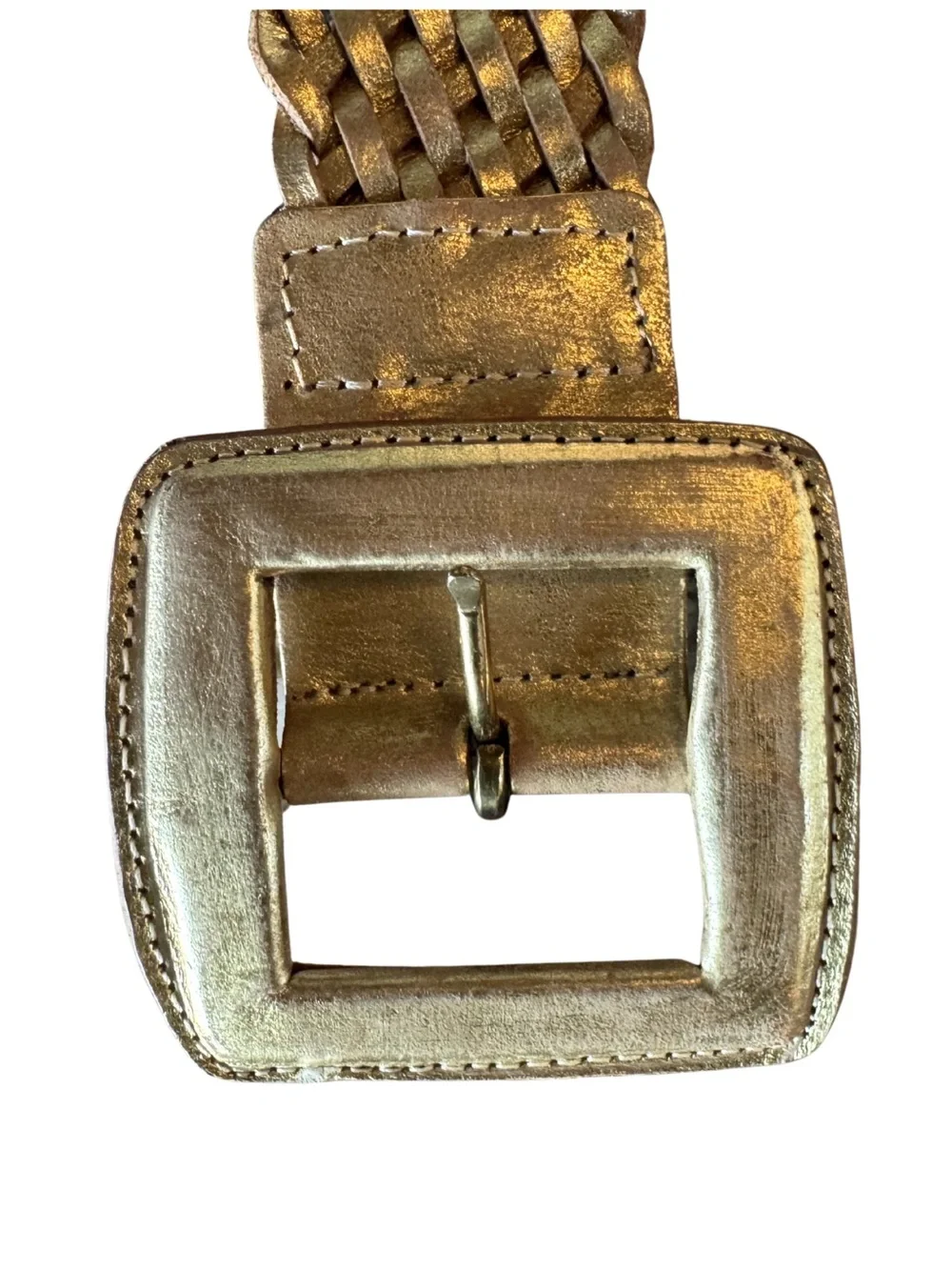 Chico’s Gold Metallic Woven Braided Leather Statement Belt with Square Buckle M